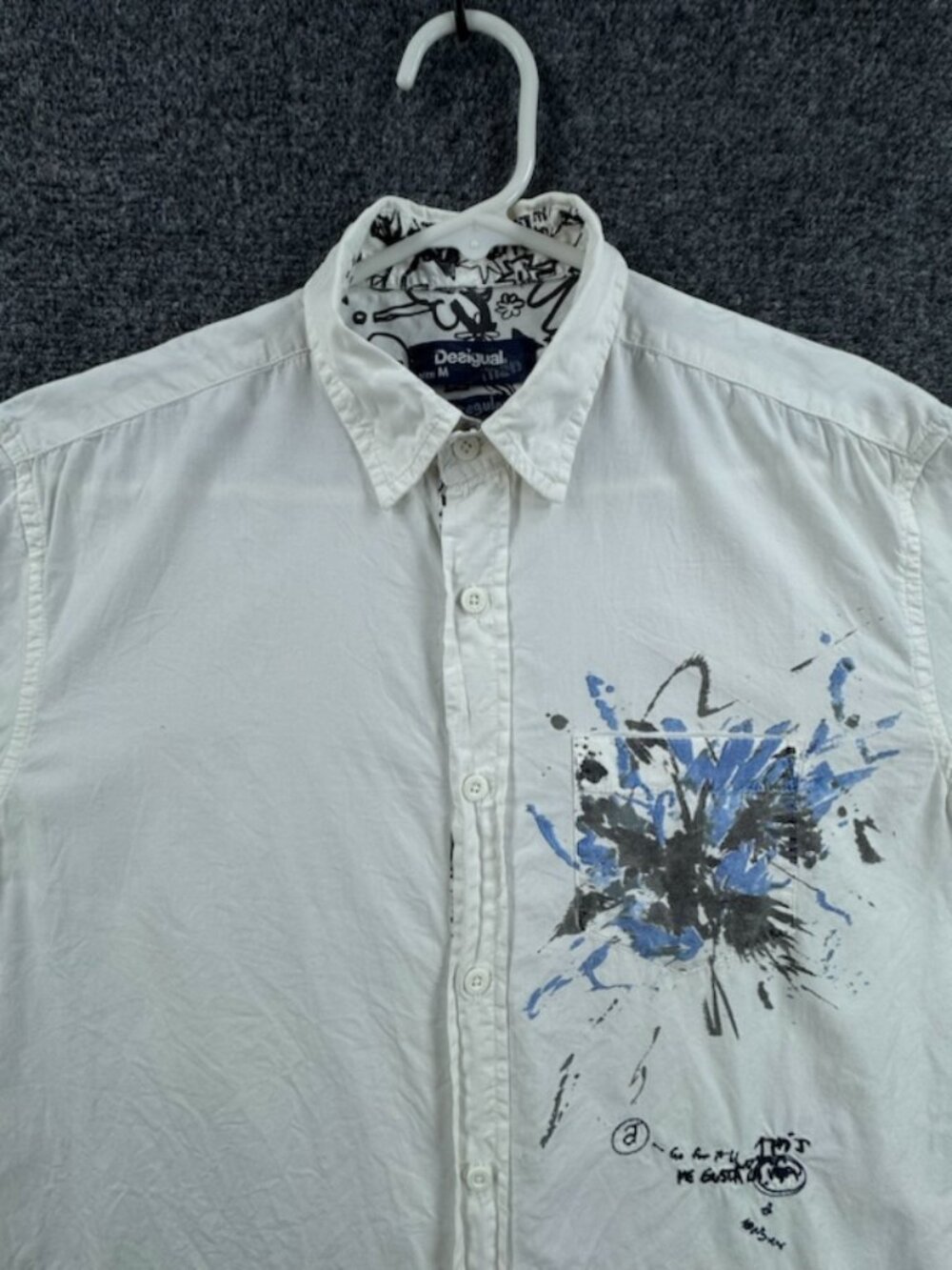 Desigual White Blue Medium Mens Button Up Graphic Logo Long Sleeve Shirt Woven